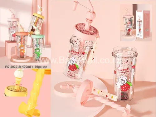 FQUAN || Abile Good Product Made With Heart Sweet Strawberry Insulated Plastic Glass Sipper 400ML || Item No:FQ-2039-2